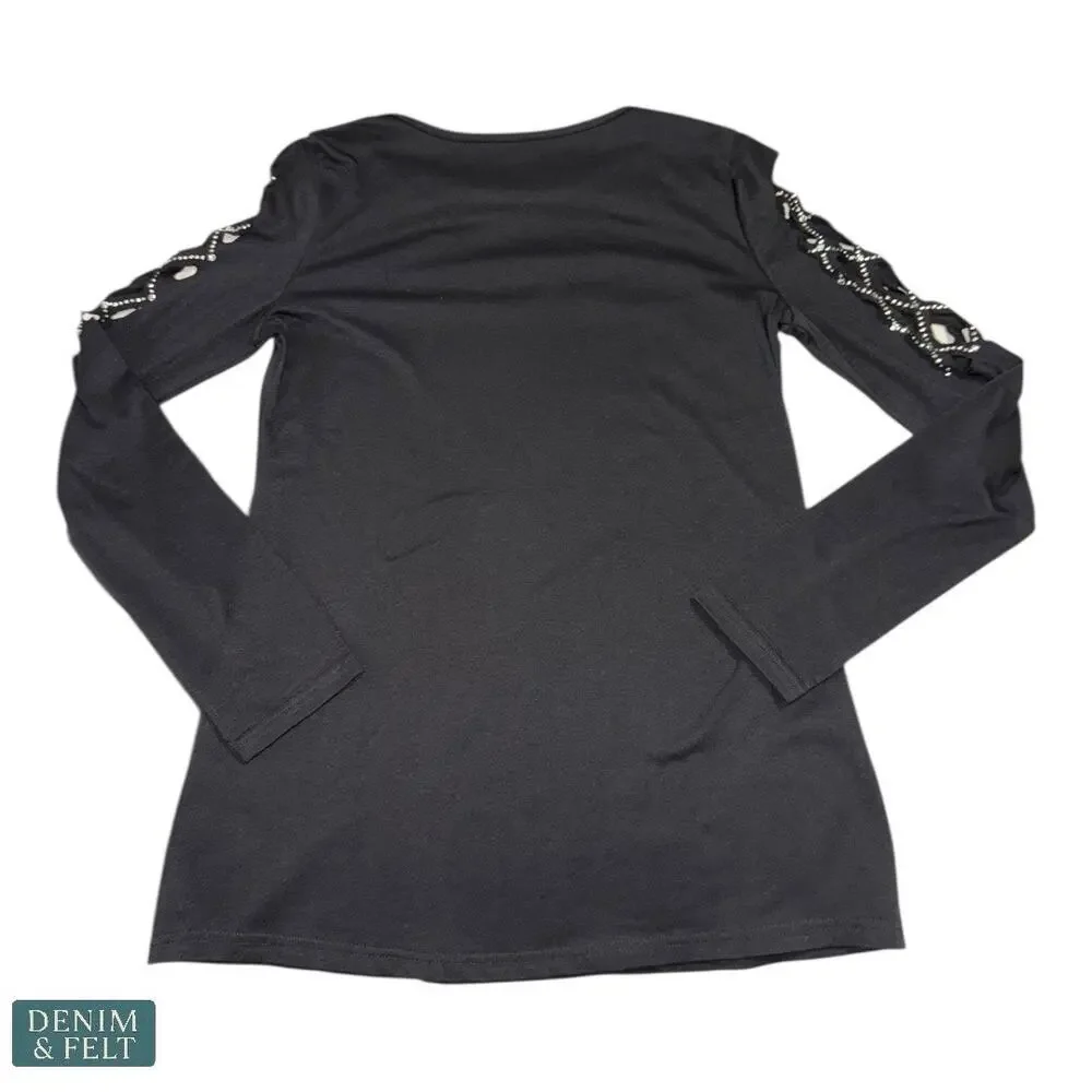 NEW Black Lattice Cutout Long Sleeve Top Edgy Chic Stretchy Crisscross Small - Picture 10 of 13